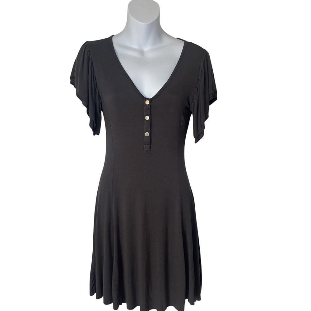 POL Charcoal Grey Flutter Sleeve V-Neck Henley Fit and Flare Dress RCD217 Small